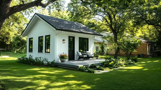 A neatly designed small ADU with a sloping roofline, a classic white-painted finish, and a shaded front porch perfect for relaxation.