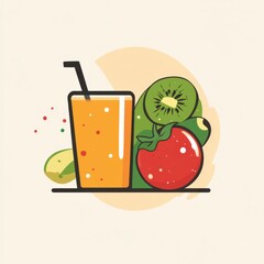 Juice with kiwi and tomato in a glass with straw in modern cartoon style.