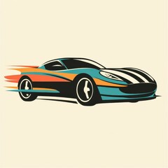 Naklejka premium Retro-style striped sports car with flames on light background.