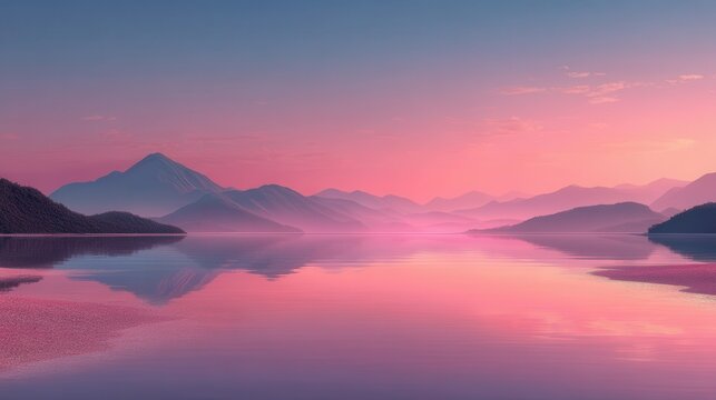 Tranquil mountains reflect in a still lake at dawn with colorful skies.
