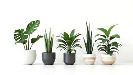 Fototapeta premium Assortment of lush green houseplants in modern pots against a clean white background