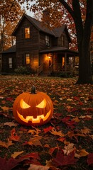 Obraz premium Photo of Carved Pumpkin with Glowing Face Near a Wooden House in Autumnal Setting