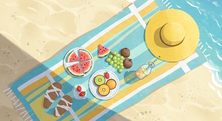 Summer Beach Picnic: Flat Lay Illustration of Tropical Fruits, Desserts, and Beach Essentials