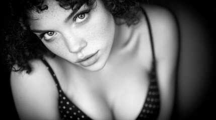 Naklejka premium Black and white portrait of a woman with curly hair and intense gaze