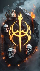 Dark mystical stone with flaming skulls and ancient symbols creating an ominous atmosphere