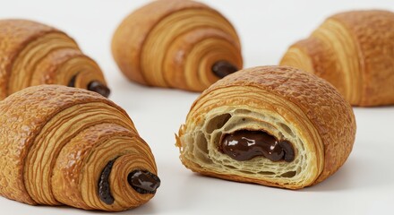Fototapeta premium Photo of Flaky Golden Brown Croissants with Chocolate Filling on White Background