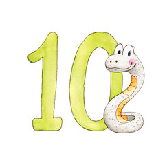 Fototapeta premium Watercolor Number PNG Clipart – Cartoon Animals Numbers, Back to School Illustration for Montessori Education, Digital Flashcards. Number 10 Transparent background