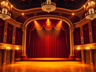 Golden spotlights illuminate a grand stage with ornate details, classic architecture, and elegant atmosphere