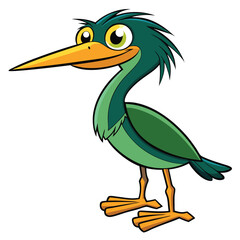 Cartoon green heron with a long yellow beak stands attentively on white background