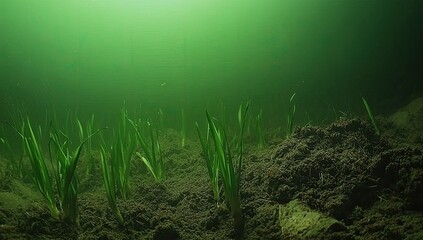 Underwater scene of vibrant green aquatic plants growing from dark mud in murky water