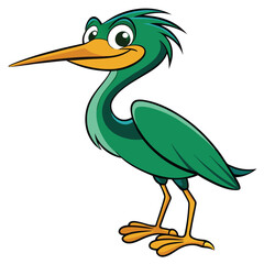 Cartoon heron character with big eyes and a long beak stands calmly