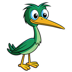 Obraz premium Cartoon green heron stands with a smile and big, curious eyes, showing bright yellow feet