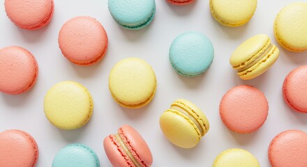 Obraz premium Photo Of Colorful Macarons Scattered On White Background Delicious Sweet Dessert