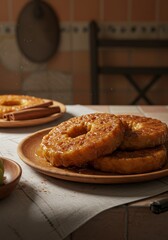 Photo of Golden Brown Doughnuts with Cinnamon on Wooden Plate in Kitchen