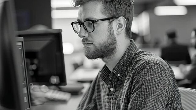 Man wearing glasses, focused on his computer screen. Office environment with multiple monitors and a desk setup.