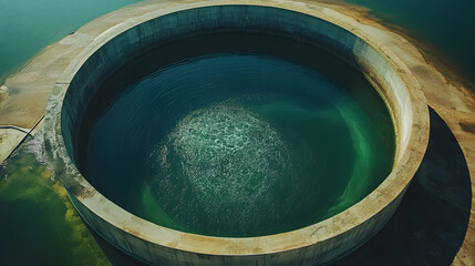 Aerial view circular clarifier tank at watewater treatment plant, Industrial infrastucture, Environment technology sustainable water management system, Semimentation tank circular clarifier.
