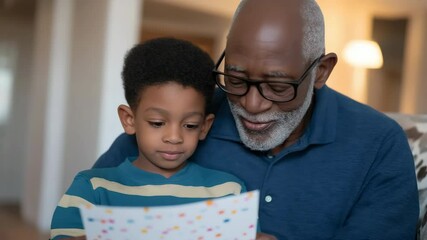A man and a boy are sitting on a couch, reading a card together. The man is wearing glasses and the boy is smiling. Concept of warmth and bonding between the two generations - Powered by Adobe