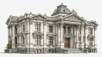 Fototapeta premium Elaborate mansion with columns stands against a bright white background.