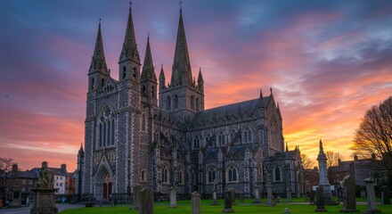 Fototapeta premium Photo of Gothic Cathedral at Sunset with Colorful Sky and Silhouetted Spire
