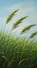 Photo of Green Grasses Blowing in the Wind with a Blue Sky Background