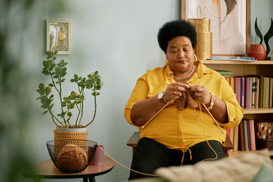 Concentrated elderly African American woman sitting and knitting yarn in a cozy, book-filled room with potted plants and art on walls