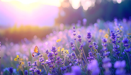 Wild flowers in a meadow at sunset. Macro image, shallow depth of field. Abstract summer nature background
