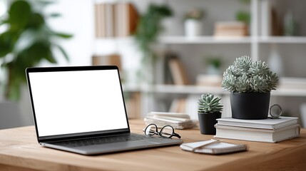 A modern, minimalist workspace scene featuring a gray laptop computer with a blank white screen, positioned on a light-brown wooden desk.