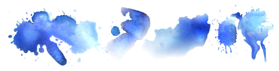 Blue watercolor strokes set isolated on white background. Vector realistic illustration of abstract paint brushes, water color gradient splashes, aquarelle texture, modern art paintbrush stains