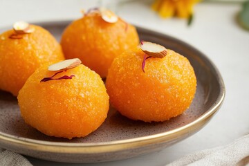Indian Dessert Motichoor Laddus with Saffron and Almonds on Elegant Ceramic Plate