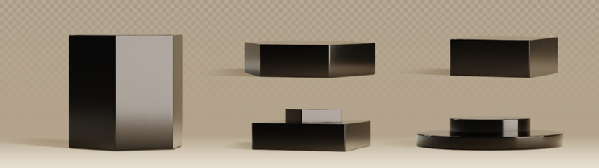 Black podiums set on transparent background. Pedestals in various shapes - rectangular block, angled hexagon structure, curved cylinder form. 3d realistic blank glossy plinths for product exhibition.