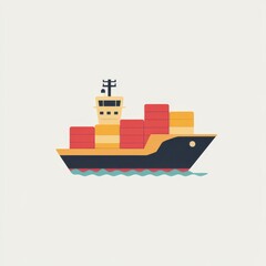 Minimal flat design of a cargo ship with containers on calm water.
