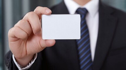 a man holding up a blank badge