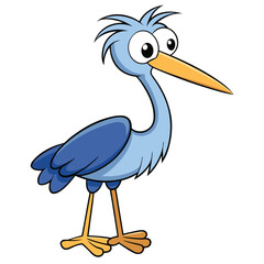 Funny heron character standing with big eyes and a long beak looks adorable