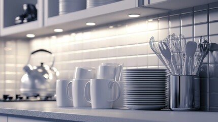 Kitchen countertop with dishes and utensils