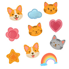 Fototapeta premium Cute animal faces and colorful cartoon elements – cat, dog, heart, star, rainbow, flower, cloud – kawaii set