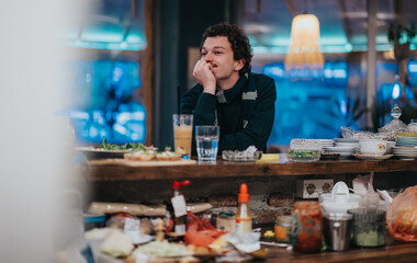 A young man at a bar deep in thought, amidst a vibrant display of food items and a warm, ambient environment. A glimpse of cheerful and creative lifestyle.