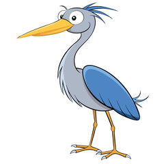 Funny heron cartoon stands looking forward with an elongated yellow beak and blue plumage