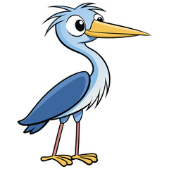 Cartoon heron illustration stands with long legs and a sharp yellow beak