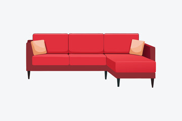 Modern Red Sectional Sofa with Cushions, Vector Illustration