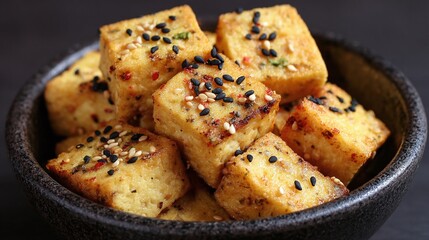 Fototapeta premium Golden Brown Tofu Cubes in Black Bowl with Black Seeds