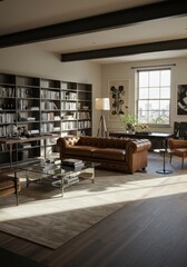 Photo of Luxurious Living Room Interior with Bookshelves Brown Leather Sofa and Light