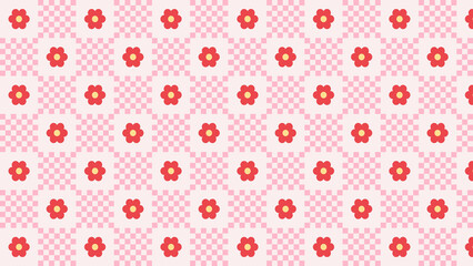 Repeating floral pattern with red flowers on a pink and white checkered background