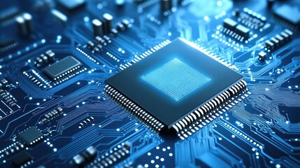 Close-up of a central processing unit on a circuit board, glowing blue