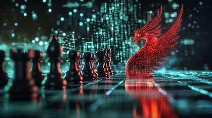 Futuristic Phoenix and Red King Piece in Chess Game with Black Pieces on Digital Board 