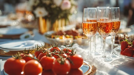 Rooftop party aperitifs with friends. Banquet table setting with fresh tasty food snacks. Celebration occasion with wine glasses, fresh fruits, delicious tomatoes, stylish catering setting.