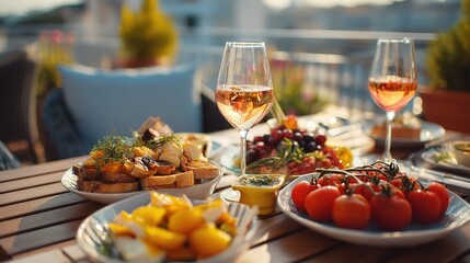 Rooftop party aperitifs with friends. Banquet table setting with fresh tasty food snacks. Celebration occasion with wine glasses, fresh fruits, delicious tomatoes, stylish catering setting.