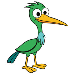 A cartoon bird with large eyes and a yellow beak stands gracefully looking aside