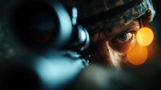 Soldier with intense blue eyes looking through sniper scope, wearing camouflage gear and helmet, dark, focused environment, conveying alertness and precision, with warm light reflections face