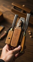 Photo of Hand Holding Carpentry Tools with Wooden and Metal Components