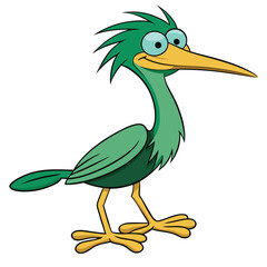 Cartoon bird with a long yellow beak gazes forward in a delightful way